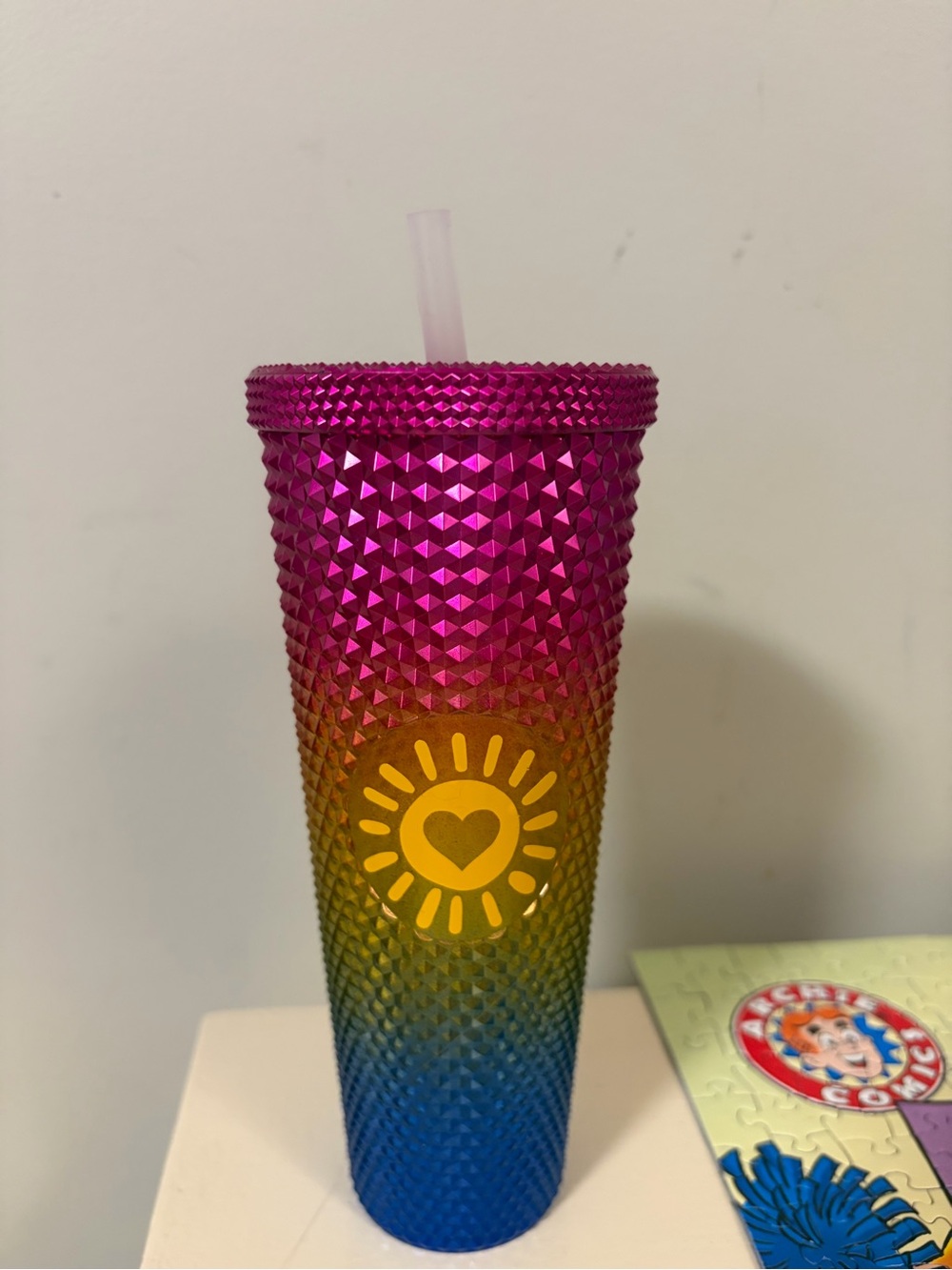 Studded Ombre Tumbler with Heart Sun Graphic - Pink/Yellow/Blue